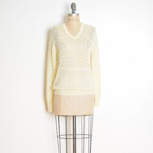 vintage 70s sweater cream pointelle sheer crochet jumper top shirt M L